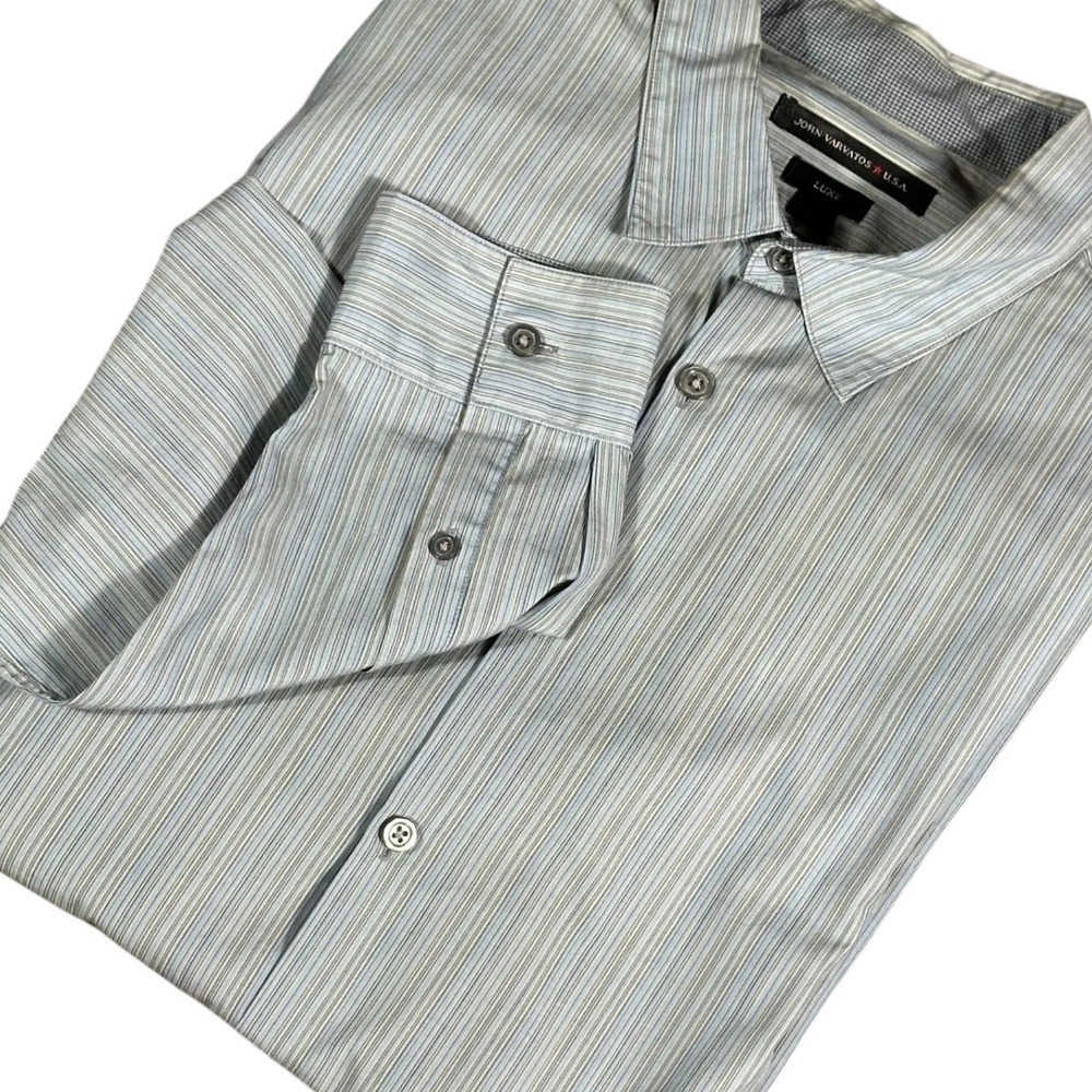 John Varvatos Button Down Mens Large Blue Grey Luxe Striped W434C50H Long Sleeve